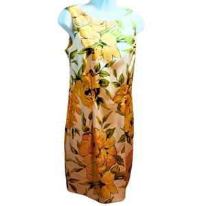 Kim Rogers Dress Floral Sleeveless Yellow Green Flower Tropical Knee Midi Summer